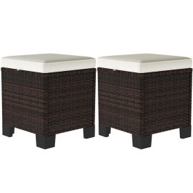 2 Pieces Wicker Outdoor Ottomans with Cushions, Rattan Ottoman Footrest & Side Table for Patio Yard Poolside, Beige
