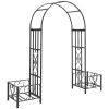 6.7' Metal Garden Arch, with Gate and Planter Boxes, Steel Arch Arbor, Water-Resistant, for Ceremony, Weddings, Dark Gray
