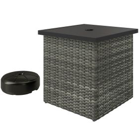 Wicker Side Table with 1.5" Umbrella Hole, Square Outdoor End Table with UV-Resistant Frame, Storage Space, Mixed-Gray