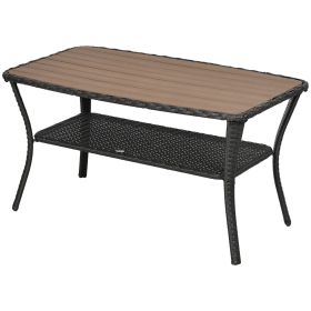 Patio Rattan Coffee Table with Storage Shelf Wicker Side Table Wood-plastic Composite Top Mixed Brown