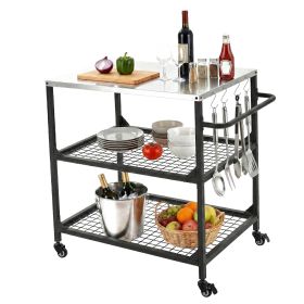 Outdoor Grill Cart, 31.5 x 24.0 inch Stainless Steel Tabletop Size Grilling Table, Outdoor Cooking Table with 4 Wheels & Side Handle, Two Mesh Shelves