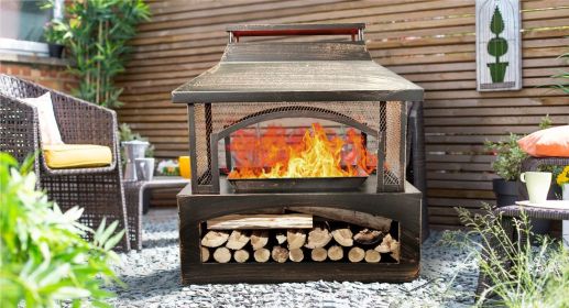 37-Inch Rectangular Metal Outdoor Wood Burning Fireplace - Outdoor Fireplace with Built-in Log Storage and Poker-Brushed Bronze