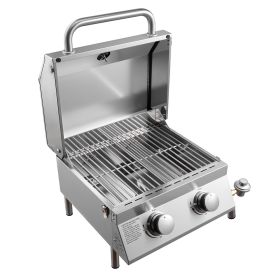 VEVOR Tabletop Gas Grill, 2-Burner Stainless Steel Portable Propane Grill, with Built-in Thermometer, Travel Locks, Weatherproof Lid, 15,000 BTU