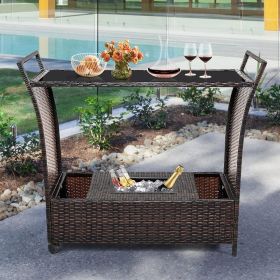 Patio Rattan Bar Serving Cart with Glass Top and Handle