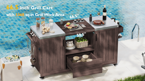 K&K 66.5" Outdoor Kitchen Island for Big Green Egg Grills, Solid Wood Outdoor Grill Cart for Tabletop Grill with Stainless Steel Top, Drawer (Color: as Pic)