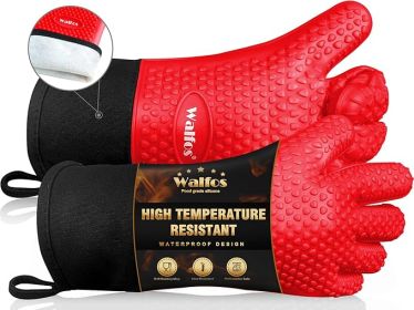 Silicone BBQ Gloves - Heat Resistant Grilling Gloves, Premium Non-Slip Kitchen Silicone Oven Mitt With Protective Cotton Layer Inside, Waterproof (Color: Red)